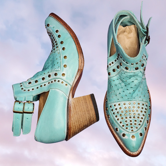 Corral Shoes - Corral Turquoise Stud Woven Snip Toe Western Cowgirl Buckle Straps Mules Sz 8